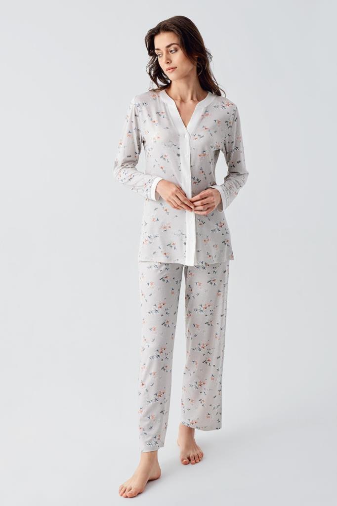 Uzun Kollu Çiçek Desenli Düğmeli Esnek Viskon Hamile Lohusa Pijama Takım 16214