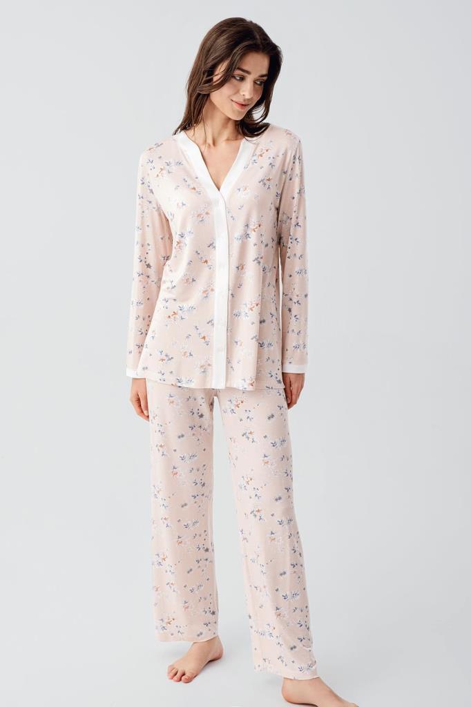 Uzun Kollu Çiçek Desenli Düğmeli Esnek Viskon Hamile Lohusa Pijama Takım 16214