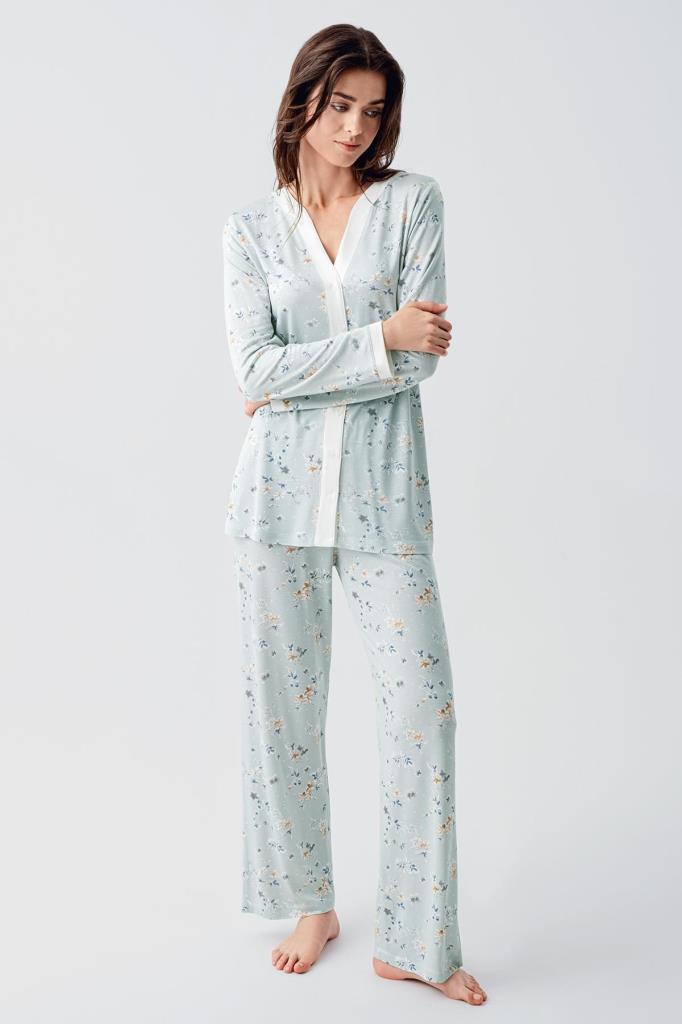 Uzun Kollu Çiçek Desenli Düğmeli Esnek Viskon Hamile Lohusa Pijama Takım 16214