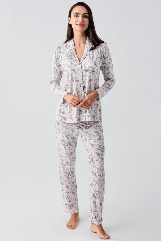 Uzun Kollu Desenli Düğmeli Viskoz Pijama Takım 22110