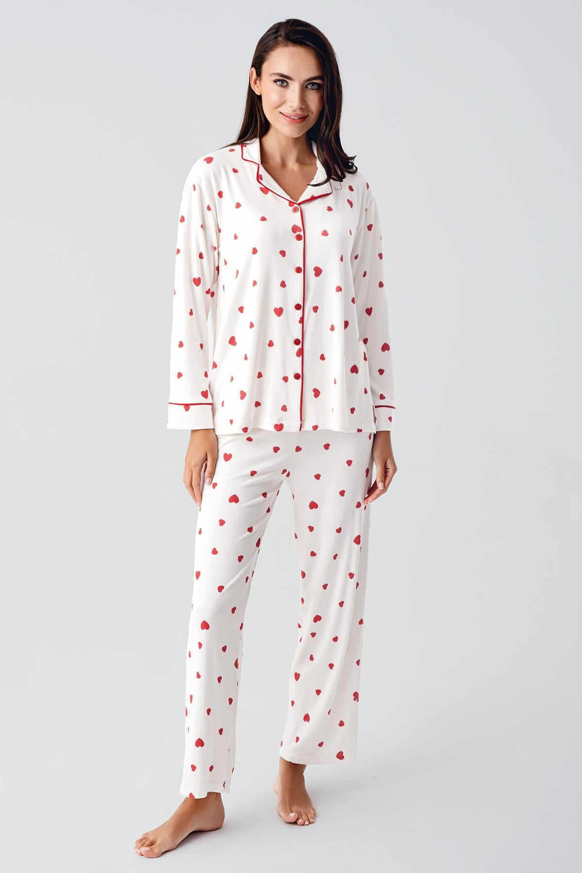 Termal Şardonlu Uzun Kollu Düğmeli Kalp Desenli Esnek Yumuşak Dokulu Hamile Pijama Takım 22113