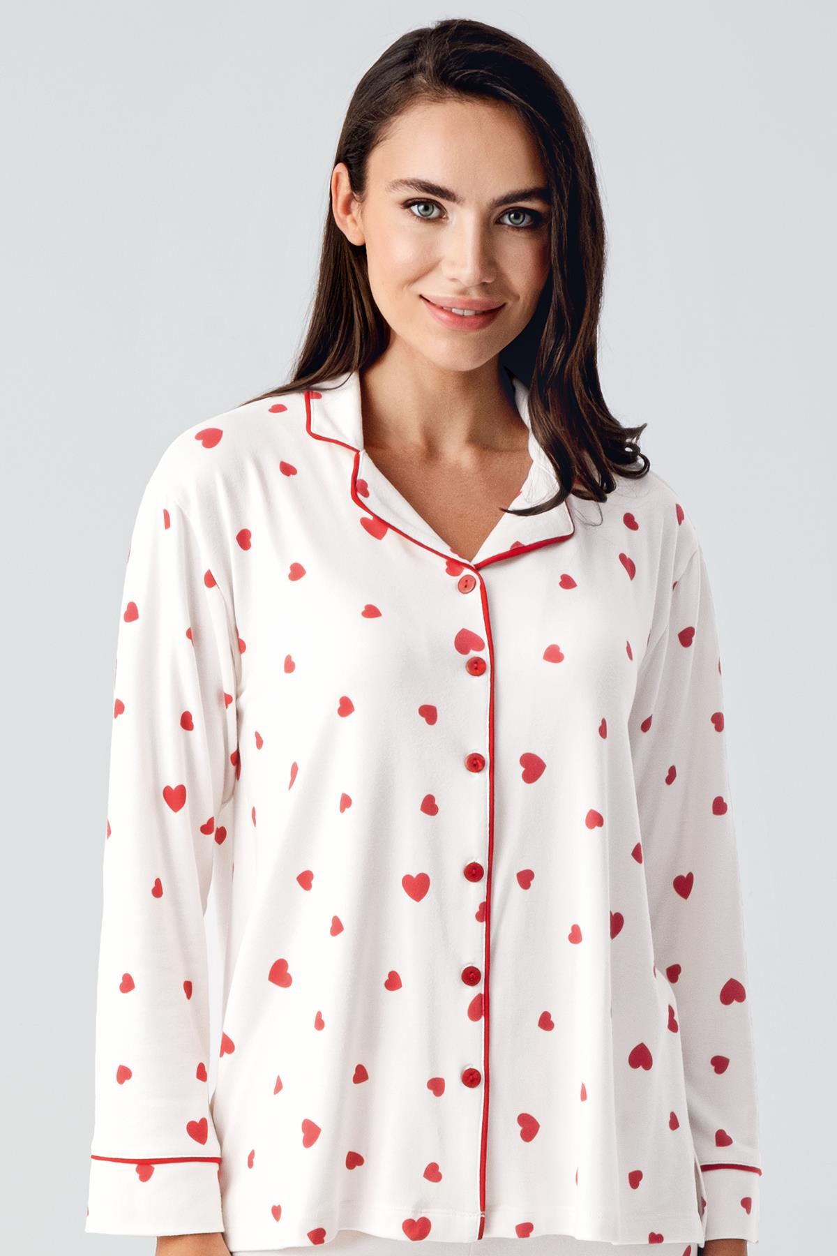 Termal Şardonlu Uzun Kollu Düğmeli Kalp Desenli Esnek Yumuşak Dokulu Hamile Pijama Takım 22113