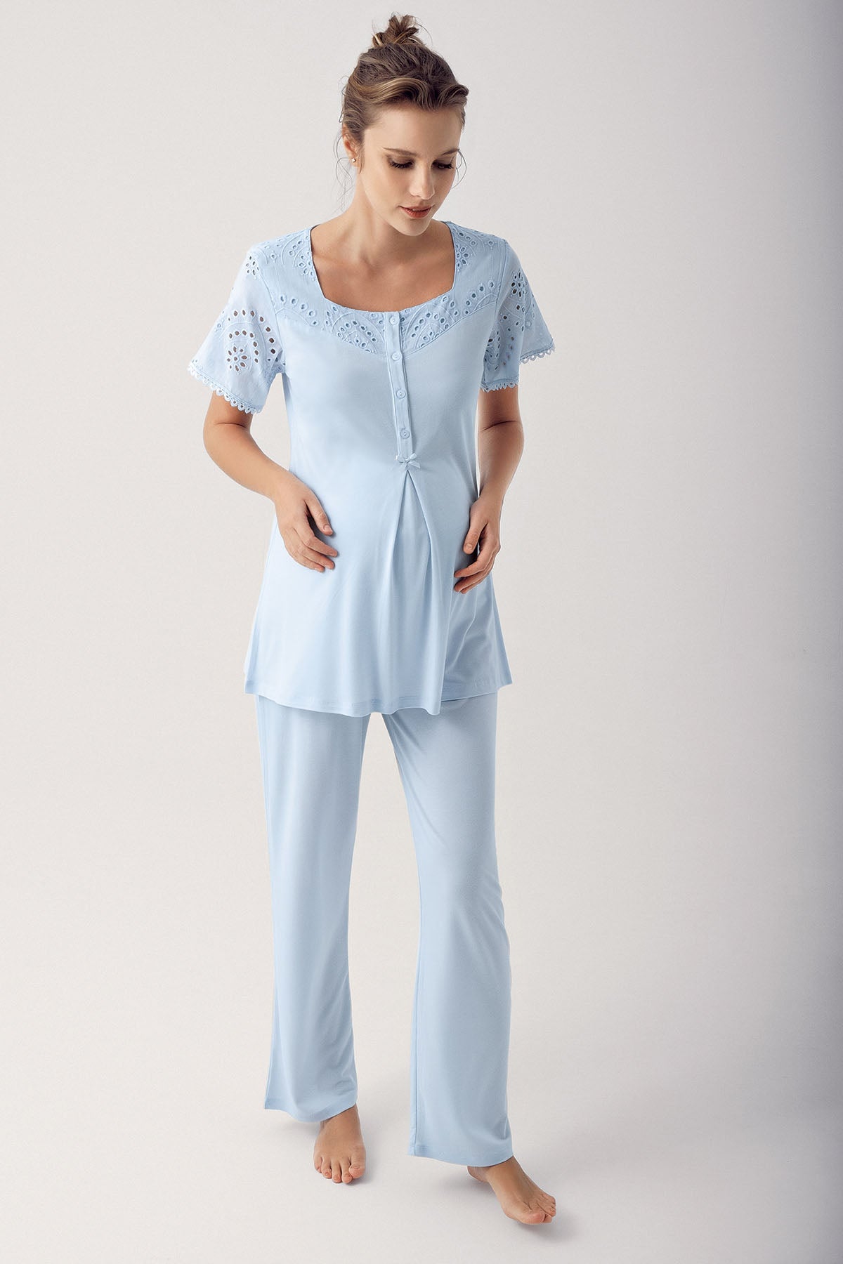 Motif İşlemeli Sabahlıklı Lohusa Pijama Takımı Mavi - 12305
