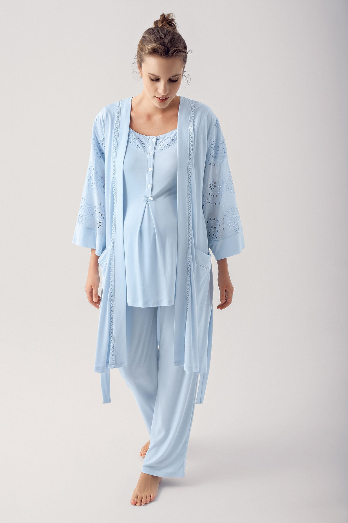 Motif İşlemeli Sabahlıklı Lohusa Pijama Takımı Mavi - 12305