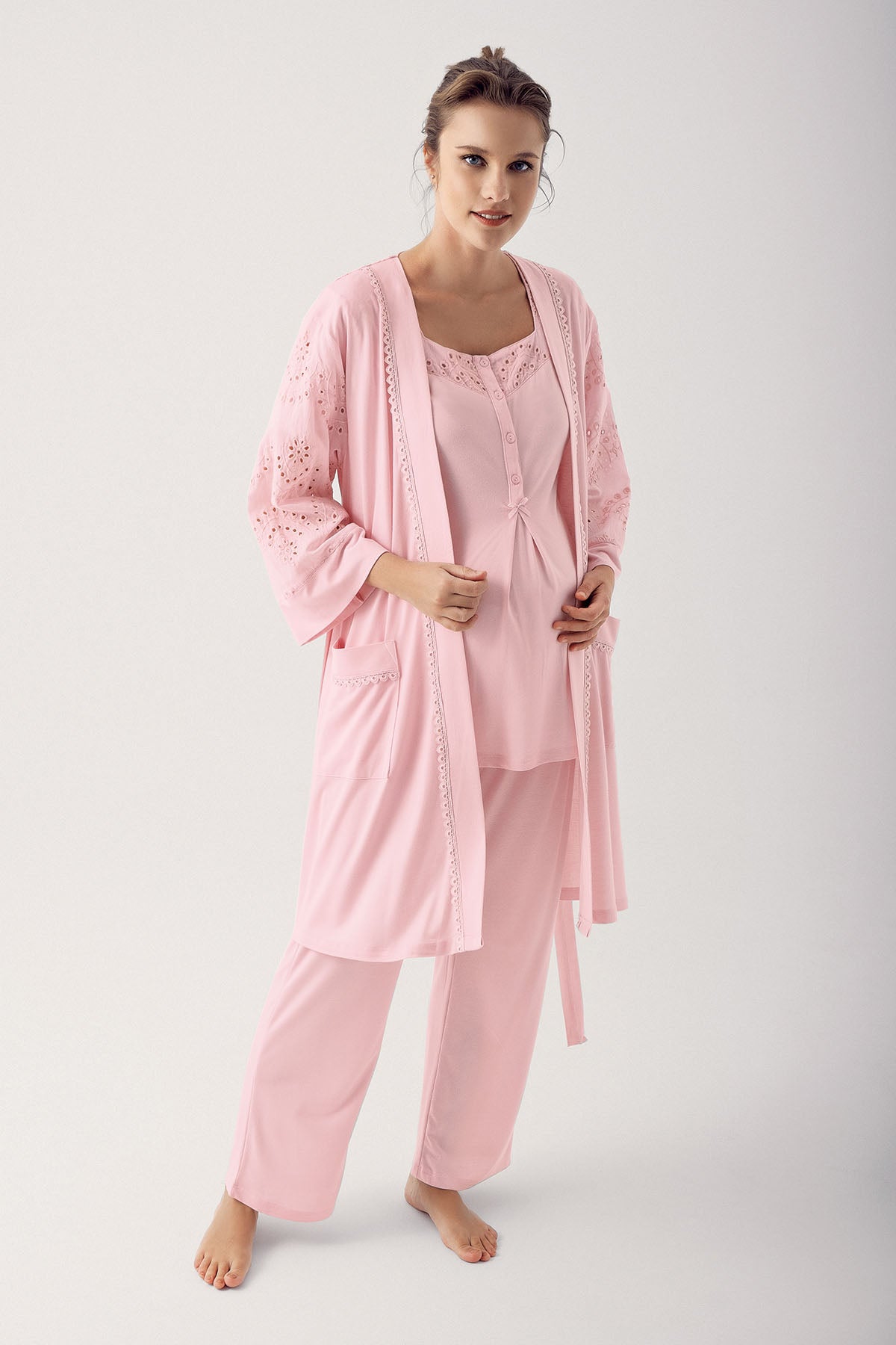 Motif İşlemeli Sabahlıklı Lohusa Pijama Takımı Pudra - 12305
