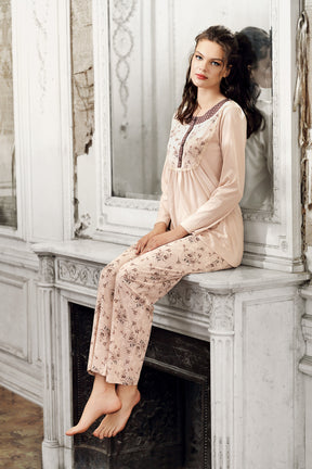 Çiçek Desen Modal Büyük Beden Lohusa Pijama Takımı - 13205