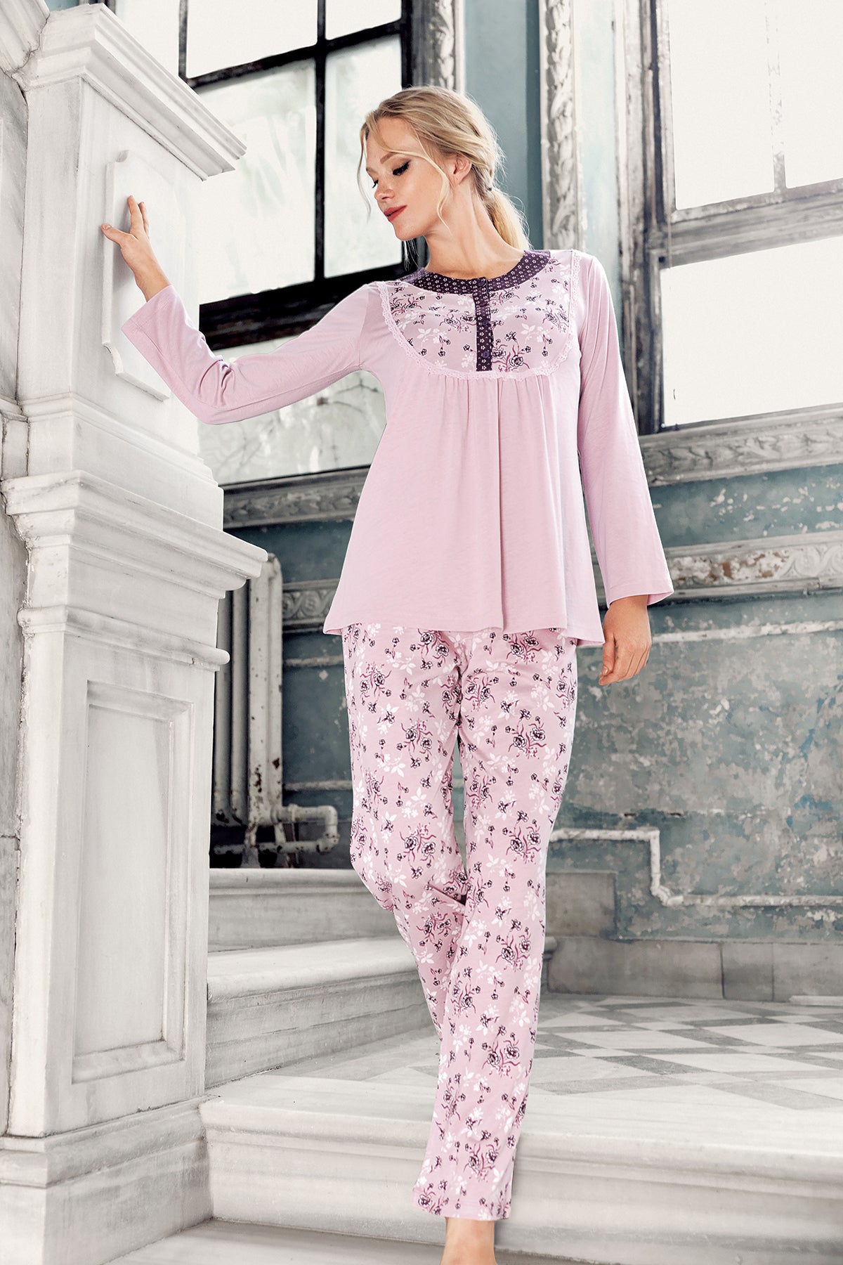 Çiçek Desen Modal Büyük Beden Lohusa Pijama Takımı - 13205