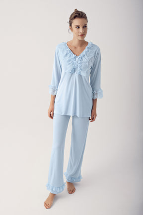 Yaprak Dantel Sabahlıklı Lohusa Pijama Takımı Mavi - 14303