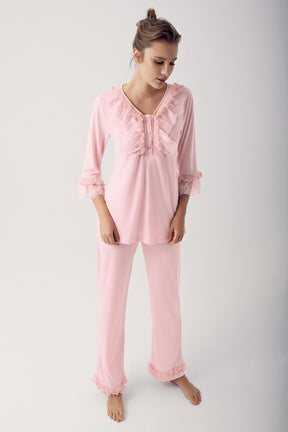 Yaprak Dantel Sabahlıklı Lohusa Pijama Takımı Pudra - 14303