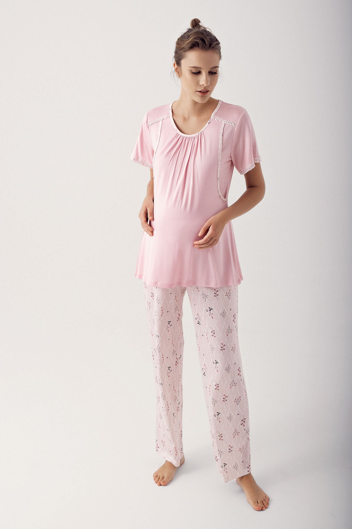 Desenli Sabahlıklı Emzirme Detaylı Lohusa Pijama Takımı Pudra - 14304