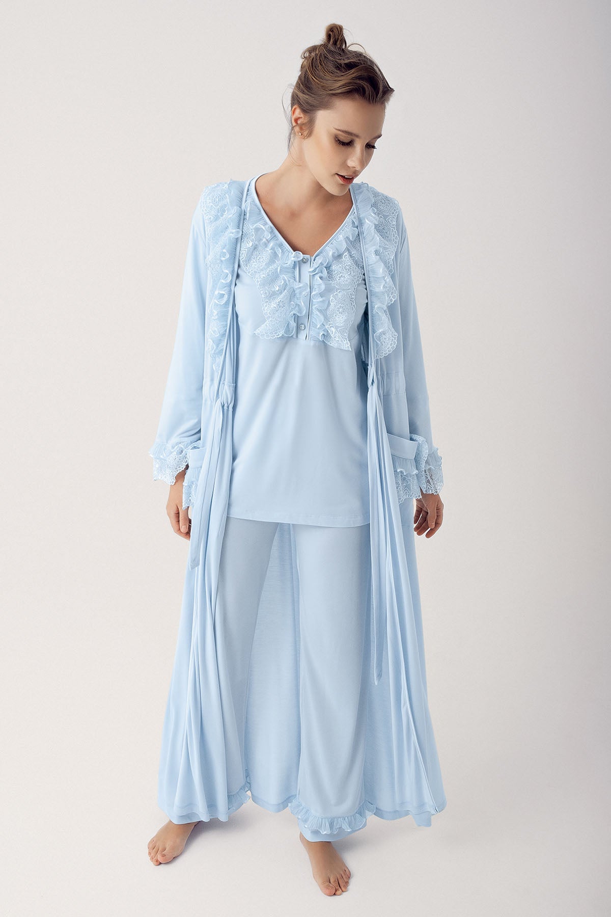 Yaprak Dantel Sabahlıklı Lohusa Pijama Takımı Mavi - 14303