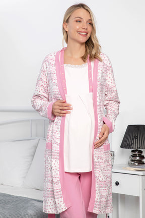 Çiçekli Sabahlıklı Dantelli Lohusa Pijama Takımı Pembe - 17210 - Lohusa Sepeti