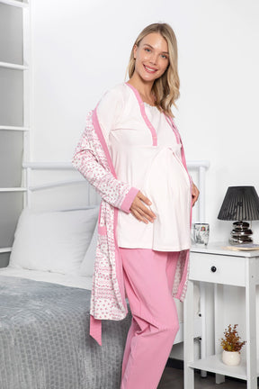 Çiçekli Sabahlıklı Dantelli Lohusa Pijama Takımı Pembe - 17210 - Lohusa Sepeti
