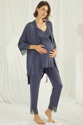 Dantelli Sabahlıklı Askılı Lohusa Pijama Takımı Lacivert - 18432 - Lohusa Sepeti