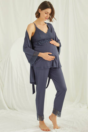 Dantelli Sabahlıklı Askılı Lohusa Pijama Takımı Lacivert - 18432 - Lohusa Sepeti