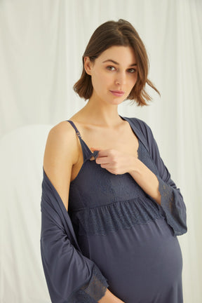 Dantelli Sabahlıklı Askılı Lohusa Pijama Takımı Lacivert - 18432 - Lohusa Sepeti