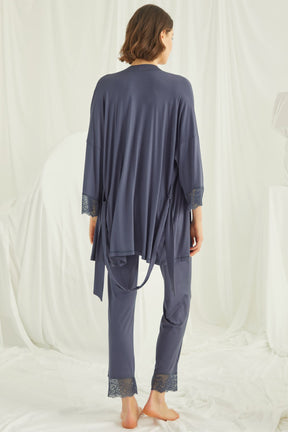 Dantelli Sabahlıklı Askılı Lohusa Pijama Takımı Lacivert - 18432 - Lohusa Sepeti
