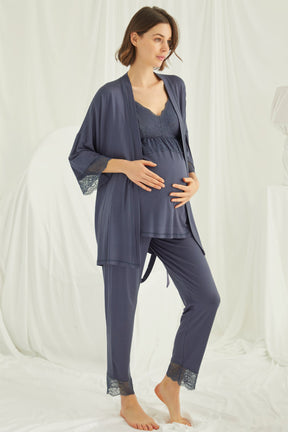 Dantelli Sabahlıklı Askılı Lohusa Pijama Takımı Lacivert - 18432 - Lohusa Sepeti