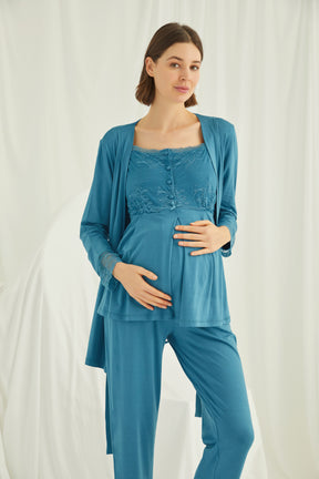 Sabahlıklı Dantelli Omuz Lohusa Pijama Takımı Petrol - 18477