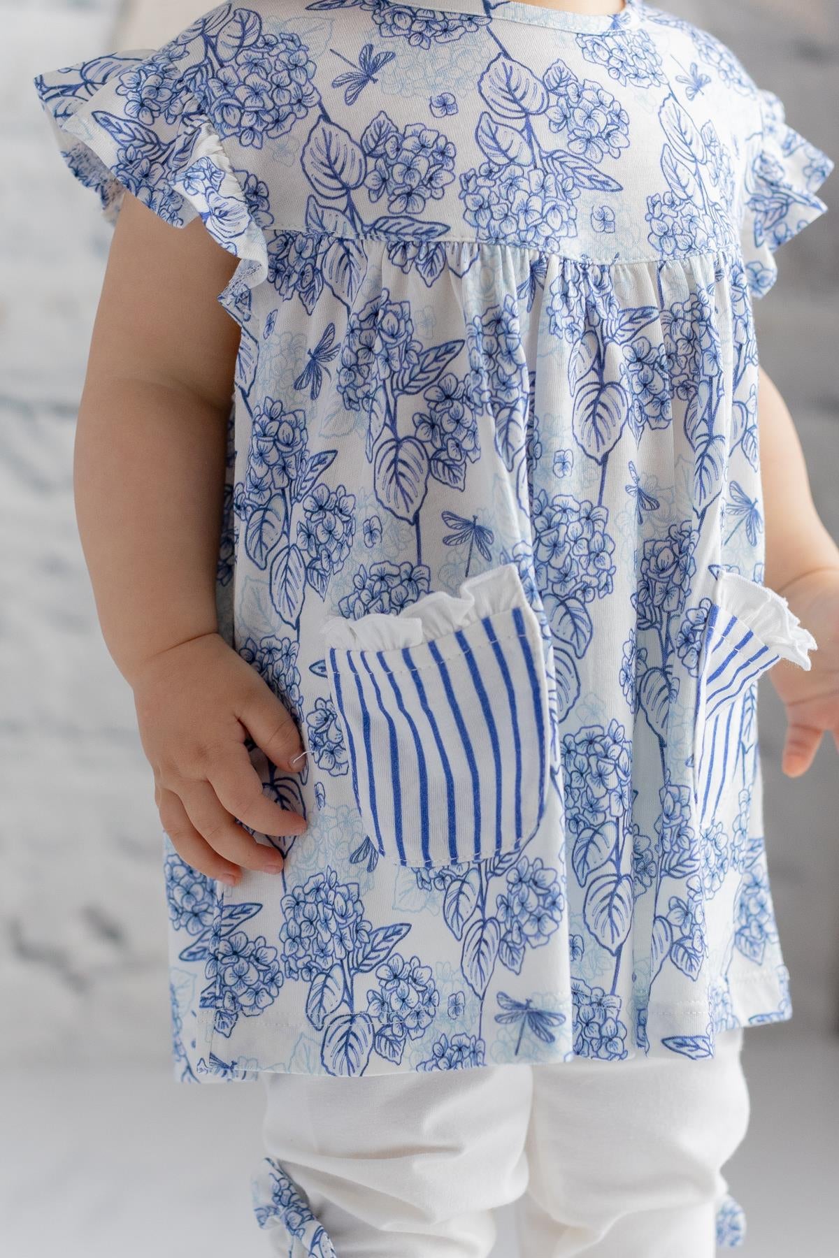 Kız Bebek Mavi Çiçek Desenli Bluz ve Fiyonklu Tayt Takım-1