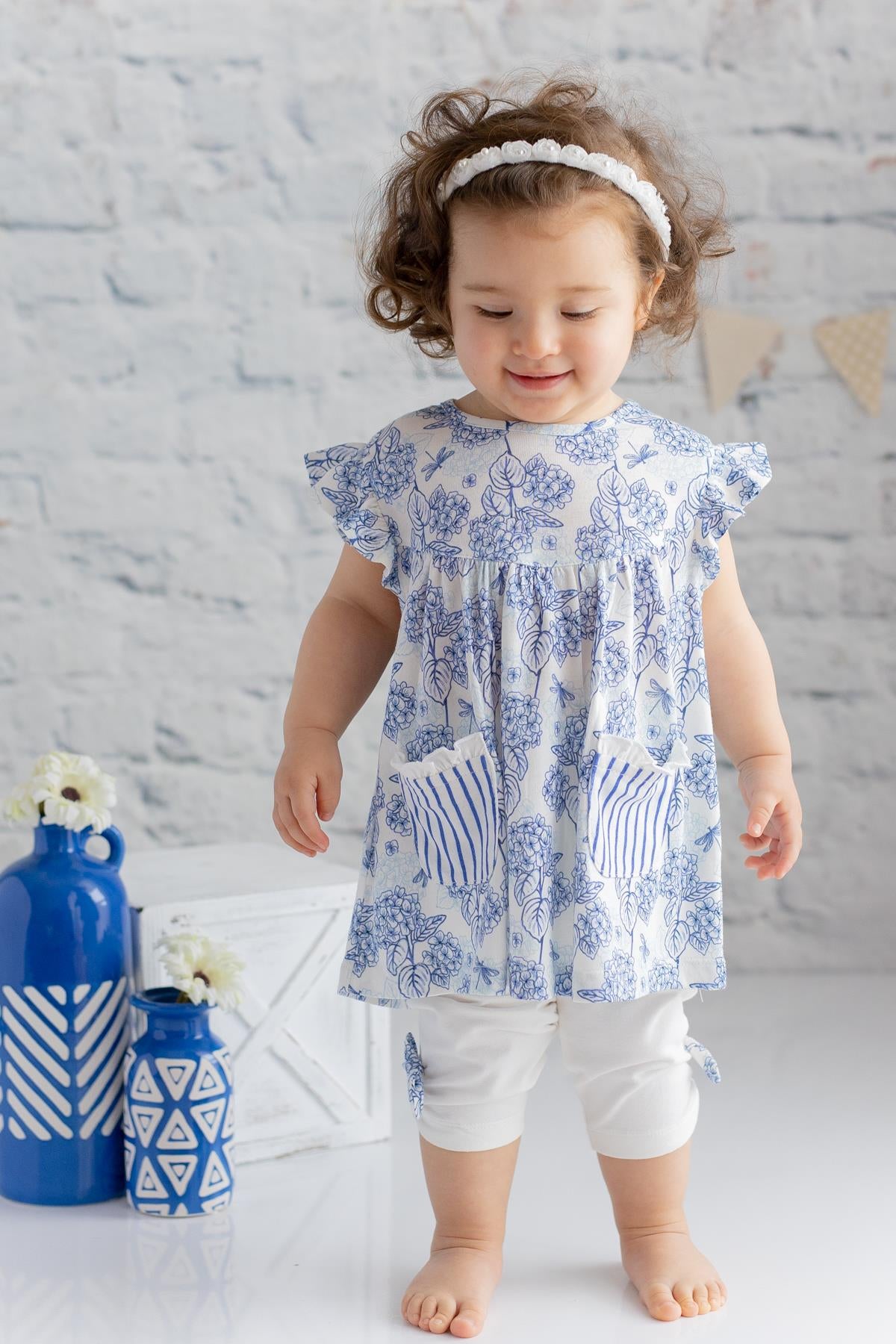 Kız Bebek Mavi Çiçek Desenli Bluz ve Fiyonklu Tayt Takım-0
