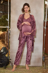 Kadife Dantelli Sabahlıklı Lohusa Pijama Takımı Mürdüm - 21147 - Lohusa Sepeti