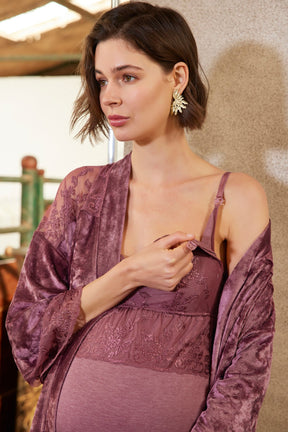 Kadife Dantelli Sabahlıklı Lohusa Pijama Takımı Mürdüm - 21147 - Lohusa Sepeti