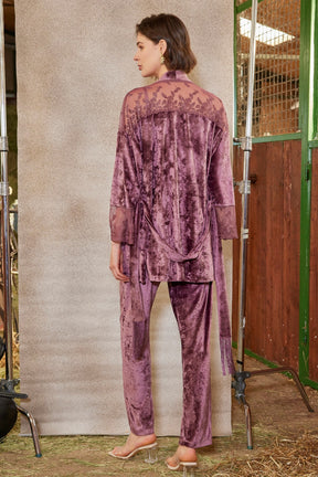 Kadife Dantelli Sabahlıklı Lohusa Pijama Takımı Mürdüm - 21147 - Lohusa Sepeti
