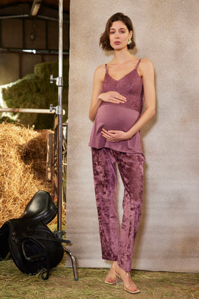 Kadife Dantelli Sabahlıklı Lohusa Pijama Takımı Mürdüm - 21147 - Lohusa Sepeti
