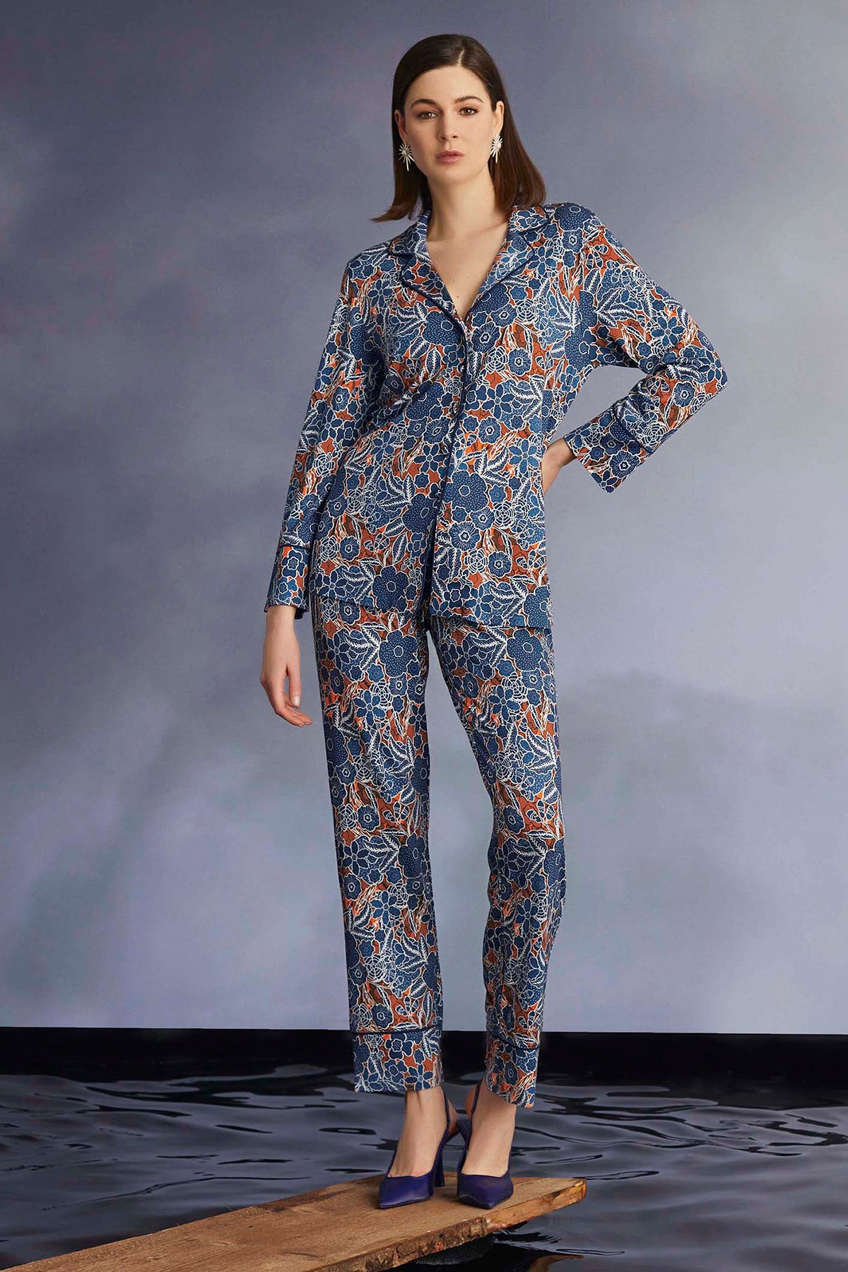 Desenli Önden Düğmeli Lohusa Pijama Takımı - 22130