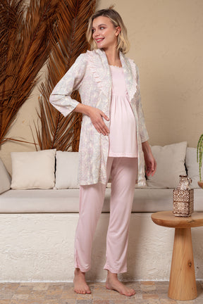 Desenli Sabahlıklı Dantelli Lohusa Pijama Takımı - 23528