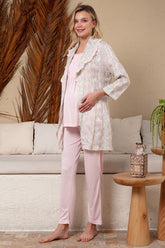 Desenli Sabahlıklı Dantelli Lohusa Pijama Takımı - 23528