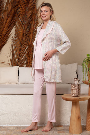 Desenli Sabahlıklı Dantelli Lohusa Pijama Takımı - 23528