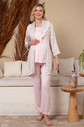 Desenli Sabahlıklı Dantelli Lohusa Pijama Takımı - 23528