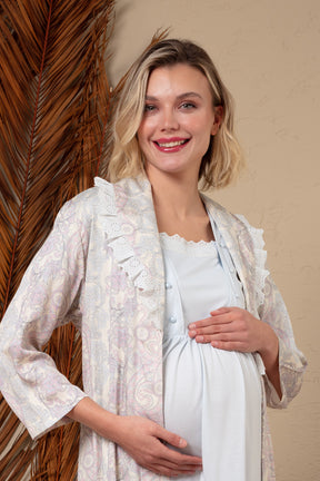 Desenli Sabahlıklı Dantelli Lohusa Pijama Takımı - 23528