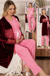 Jenika 40787 Kadife Sabahlıklı Lohusa Pijama Takımı - Lohusa Sepeti