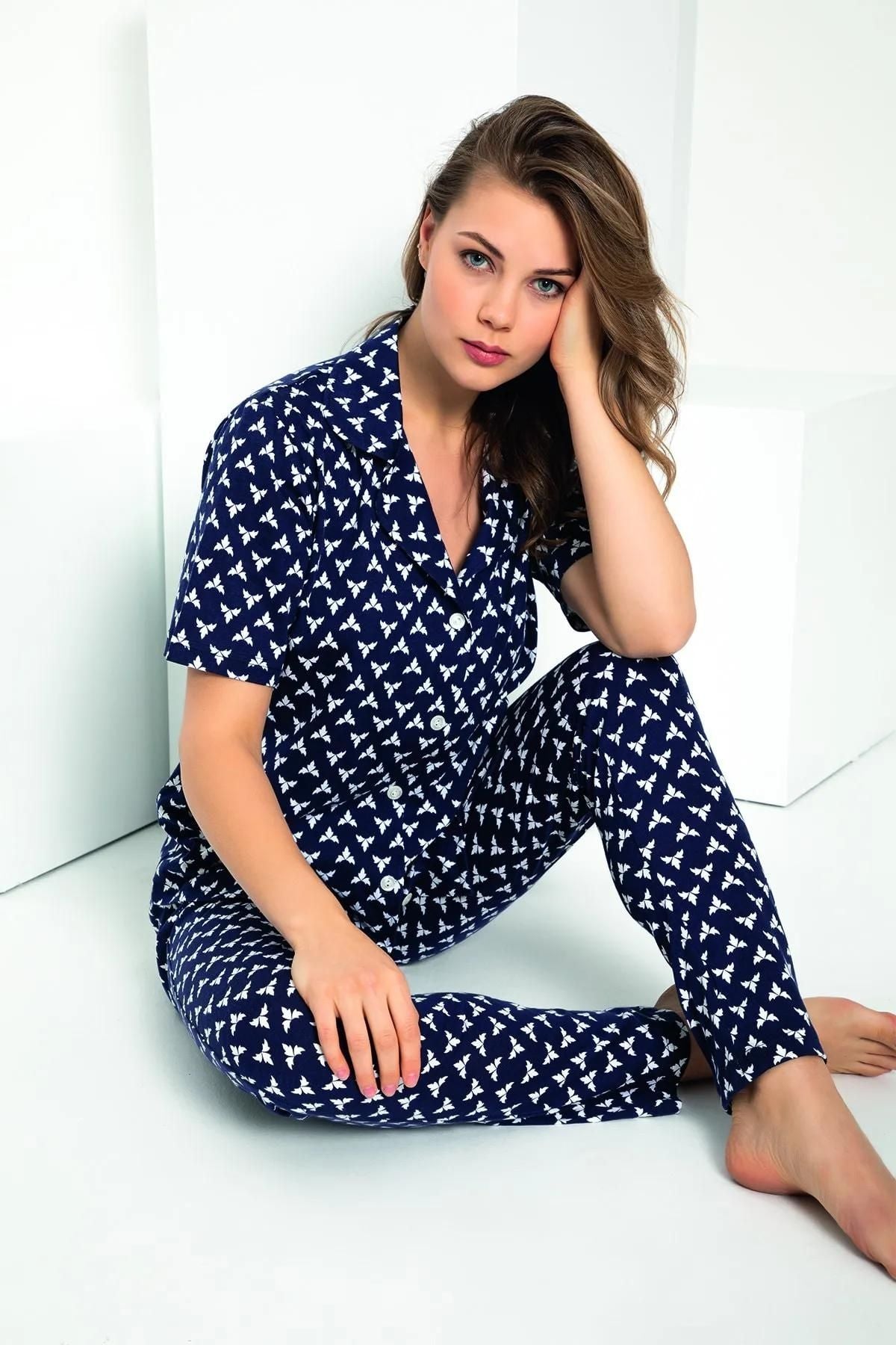 Desenli Önden Düğmeli Lohusa Pijama Takımı - 4637