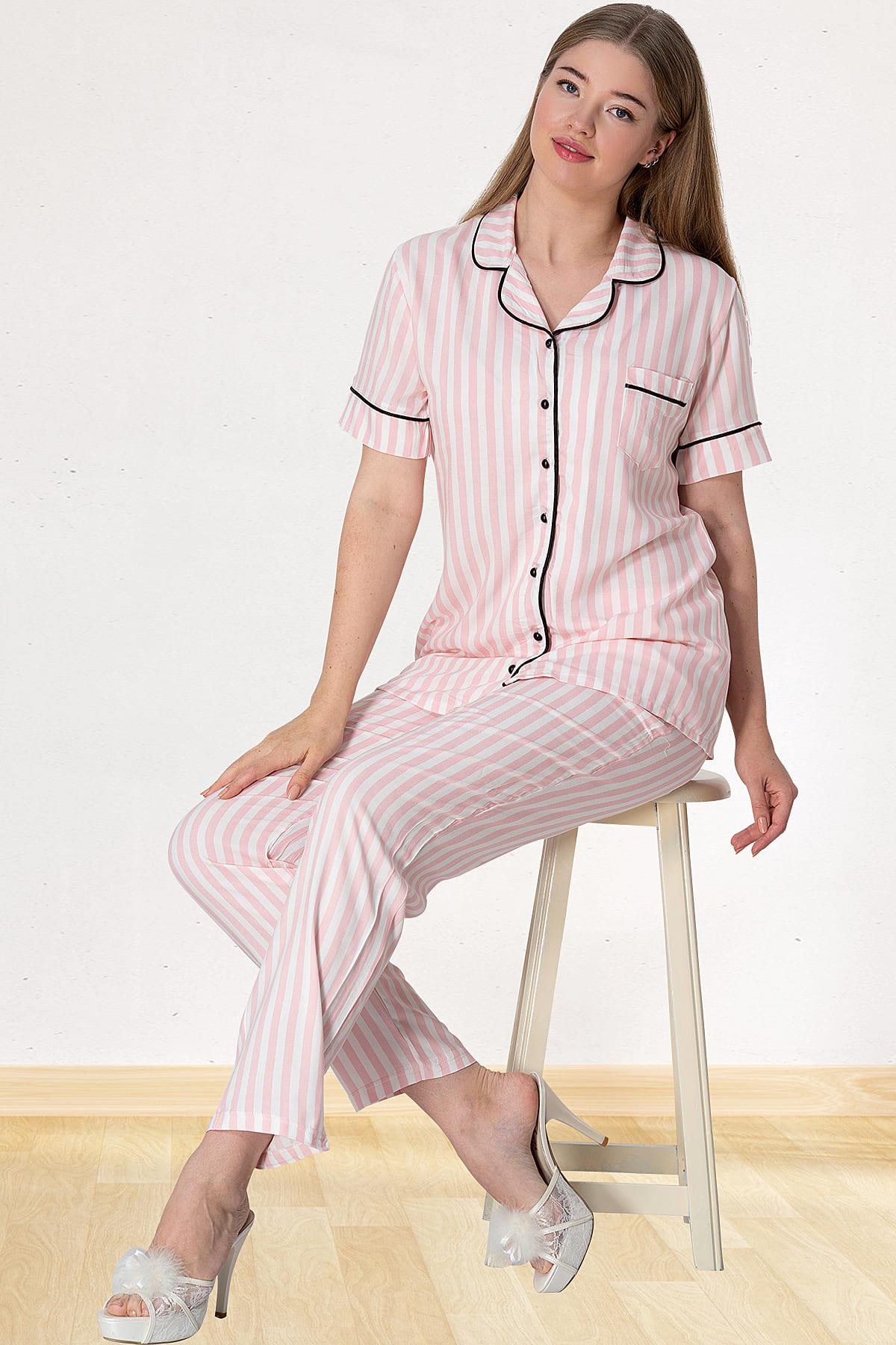 Çizgili Önden Düğmeli Lohusa Pijama Takımı Pembe - 5150