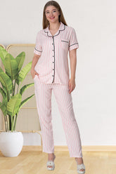 Çizgili Önden Düğmeli Lohusa Pijama Takımı Pembe - 5150