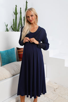 MOMMYSH® 55102 Silence Dantel İşlemeli Lohusa Gecelik Lacivert