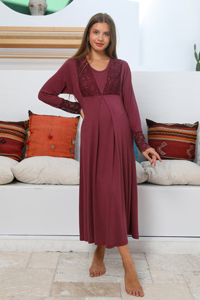 MOMMYSH® 702102 Silence Welsoft Dantel İşlemeli 4'lü Lohusa Seti Mürdüm
