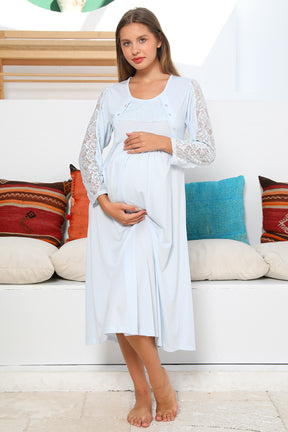 MOMMYSH® 703103 Elegance Welsoft Dantel Kollu 4'lü Lohusa Seti Mavi