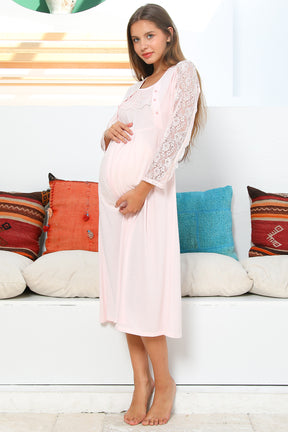 MOMMYSH® 55103 Elegance Dantel Kollu Lohusa Gecelik Pembe