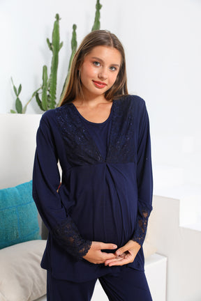 MOMMYSH® 55302 Silence Dantel İşlemeli Lohusa Pijama Takımı Lacivert