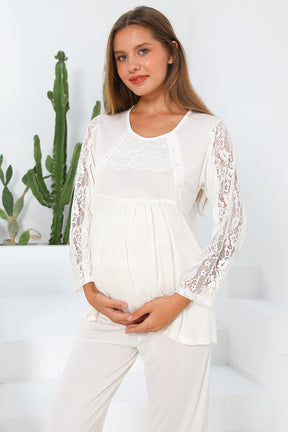 MOMMYSH® 55703 Elegance Welsoft Sabahlıklı Dantel Kollu Lohusa Pijama Takımı Ekru