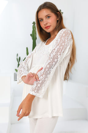 MOMMYSH® 55703 Elegance Welsoft Sabahlıklı Dantel Kollu Lohusa Pijama Takımı Ekru