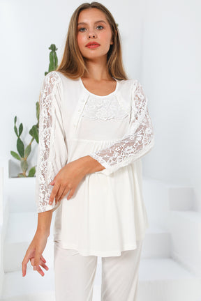 MOMMYSH® 55703 Elegance Welsoft Sabahlıklı Dantel Kollu Lohusa Pijama Takımı Ekru
