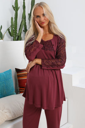 MOMMYSH® 55303 Elegance Dantel Kollu Lohusa Pijama Takımı Mürdüm