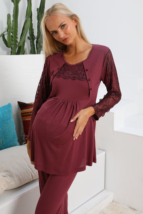 MOMMYSH® 703103 Elegance Welsoft Dantel Kollu 4'lü Lohusa Seti Mürdüm