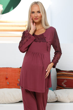 MOMMYSH® 55303 Elegance Dantel Kollu Lohusa Pijama Takımı Mürdüm